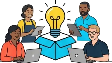 Four people working together around an open bright box with a lightbulb rising out of it